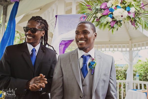 Henkaa ties and pocket squares worn by groom and best man during Saint Lucia destination wedding.