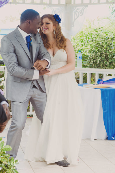 Bride wearing Henkaa Sakura Chiffon Convertible Wedding Dress with husband in Saint Lucia.