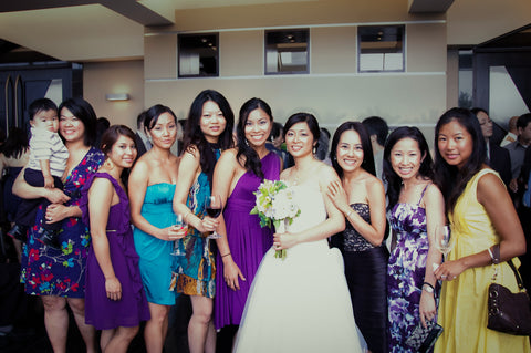 Henkaa Director Sonia Dong at her wedding in 2009, Jo Chong on her left in the first ever Henkaa Plum Purple Sakura Midi Convertible Dress. 