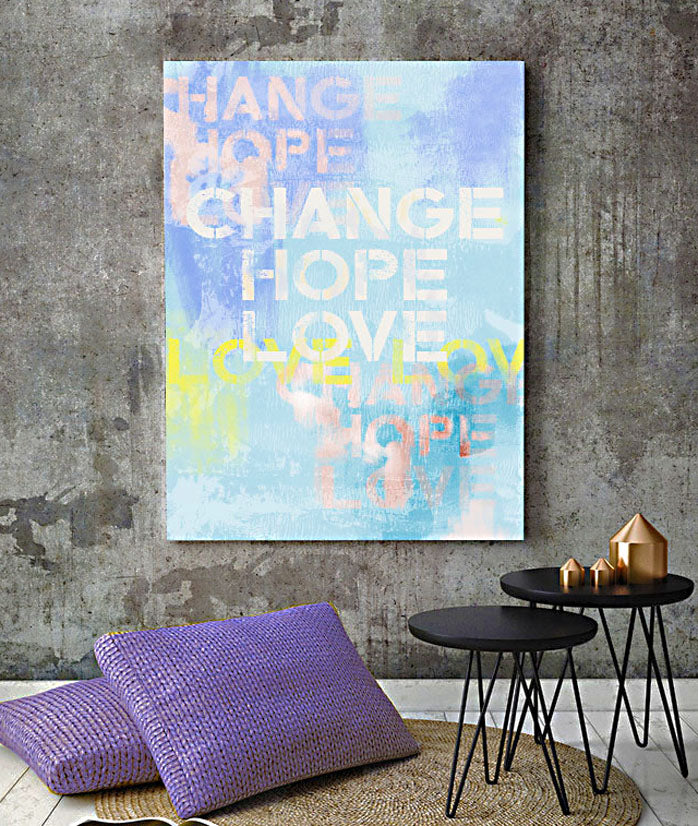  Wisdom words by luxuriouswalls.com positive affirmation art paintings and prints for home decor and interior design Change Hope Love painting purple cushion