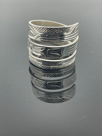 Sterling Silver Wolf wrap ring by Kwaikuitl artist Solomon Seward of King Come Inlet BC