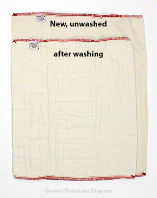 showing shrinkage of prefold before and after washing