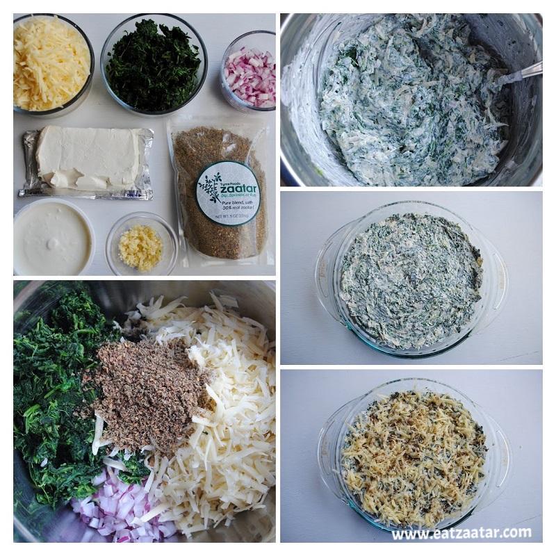 Hot Spinach, Swiss, and Zaatar Dip- collage from step one to step six