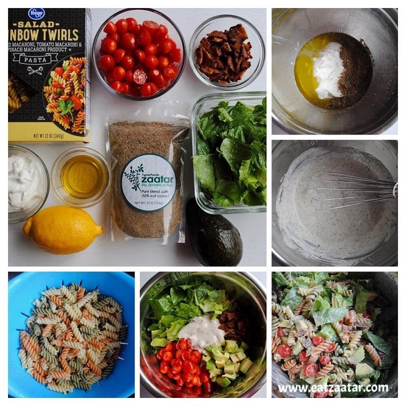 BLT Pasta Salad with Creamy Zaatar Dressing collage - step one to step five