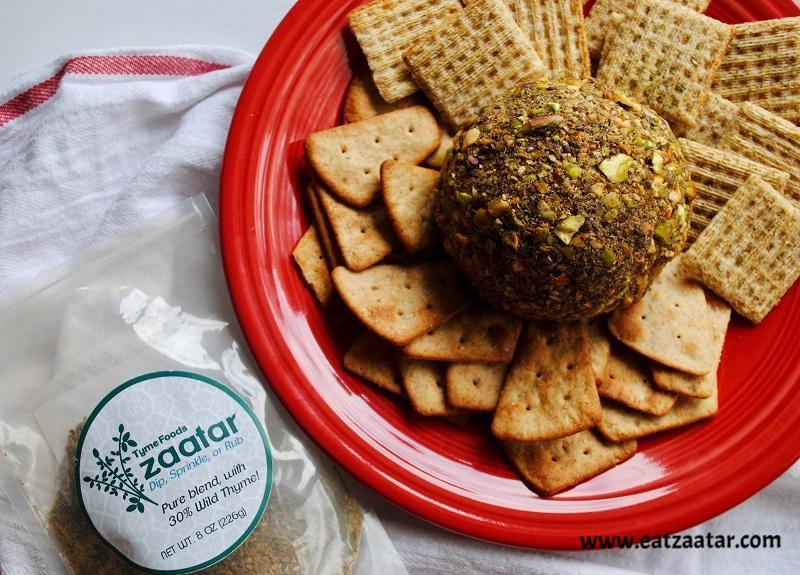 Smoked Gouda Cheese Ball with Pistachios and Zaatar served with crackers