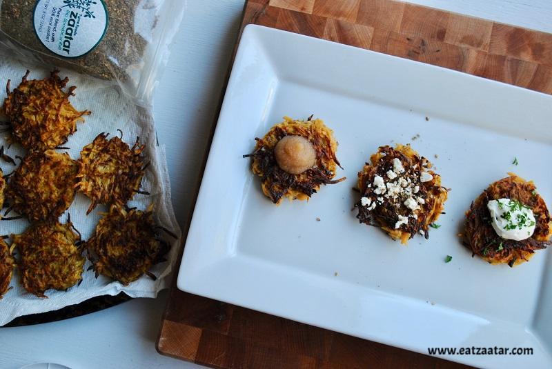Zaatar Butternut Squash Fritter, served with differnts topping- applesauce, sourcream + parsley, and crumbled feta+ zaatar 