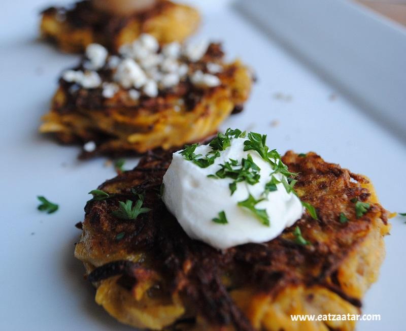 Zaatar Butternut Squash Fritters- sreved with differnt toppings, close up picture