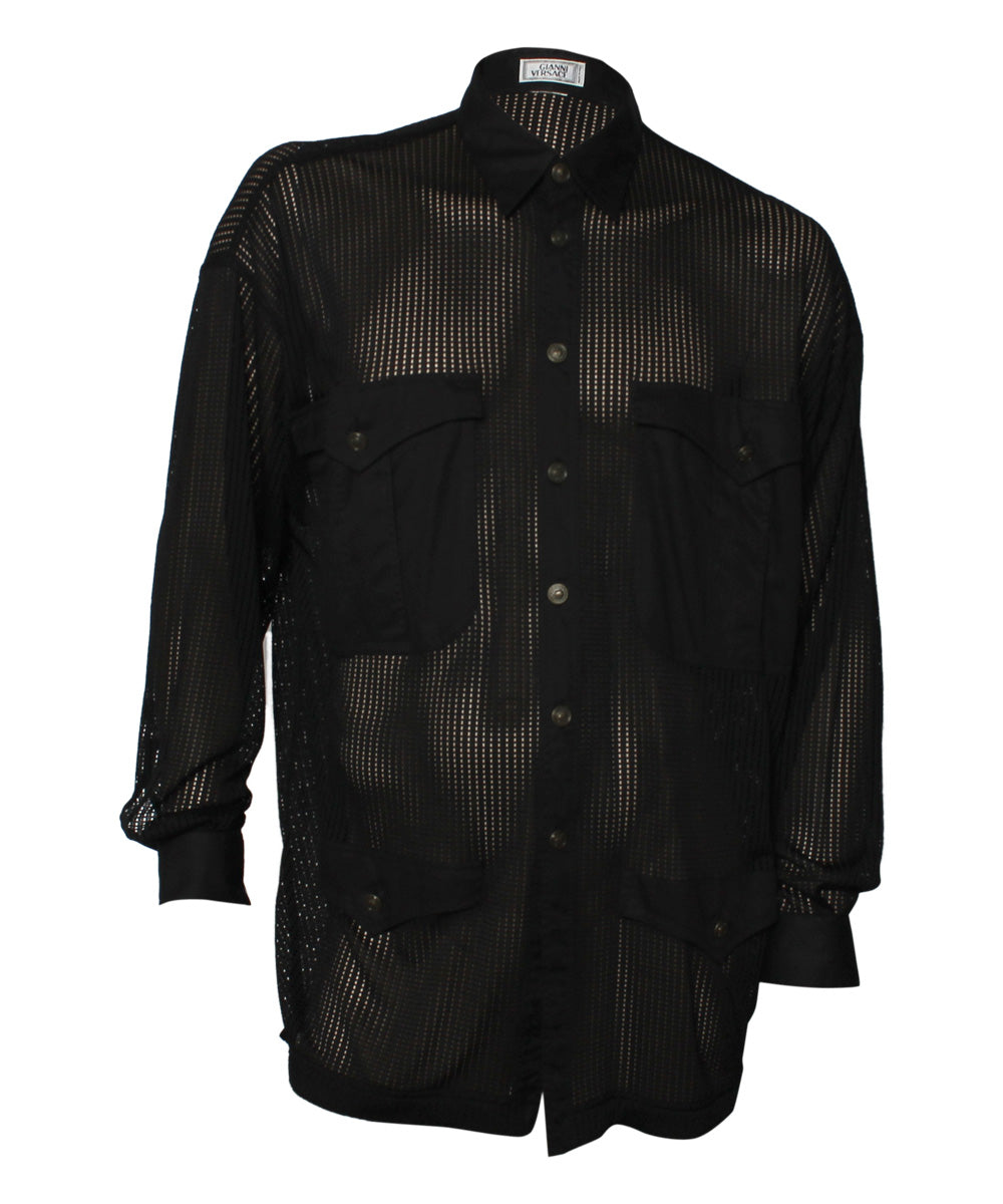 1990s Gianni Versace Black Perforated Sheer Mens Shirt