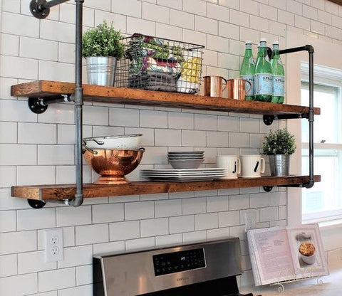 Pipe Shelves in Kitchen Subway tile 