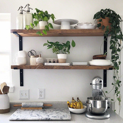 Simple wood and metal open shelving 