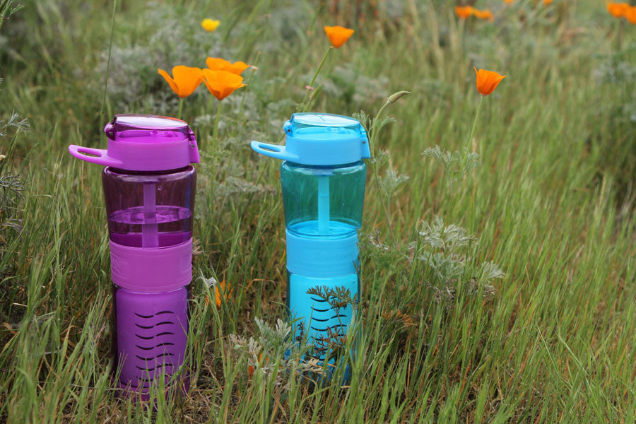Filter Water Bottles by Sagan are available in orchid and blue. 