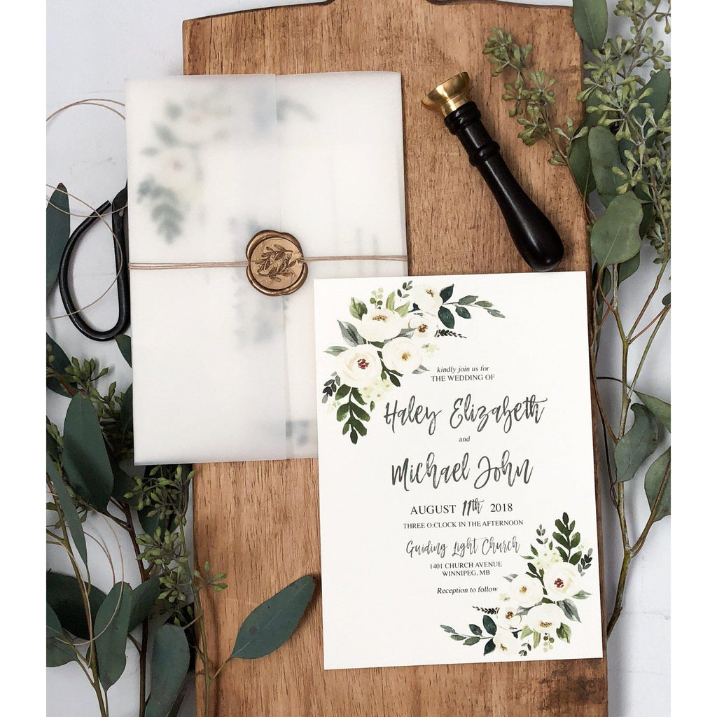 Greenery, Rustic Floral Wedding Invitation Wrapped with Vellum - Cotton Willow Design Co.