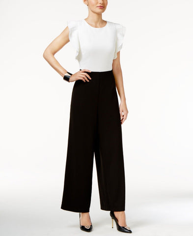 Thalia Sodi Women's Two Tone Ruffled Wide Leg Jumpsuit (L, Black)