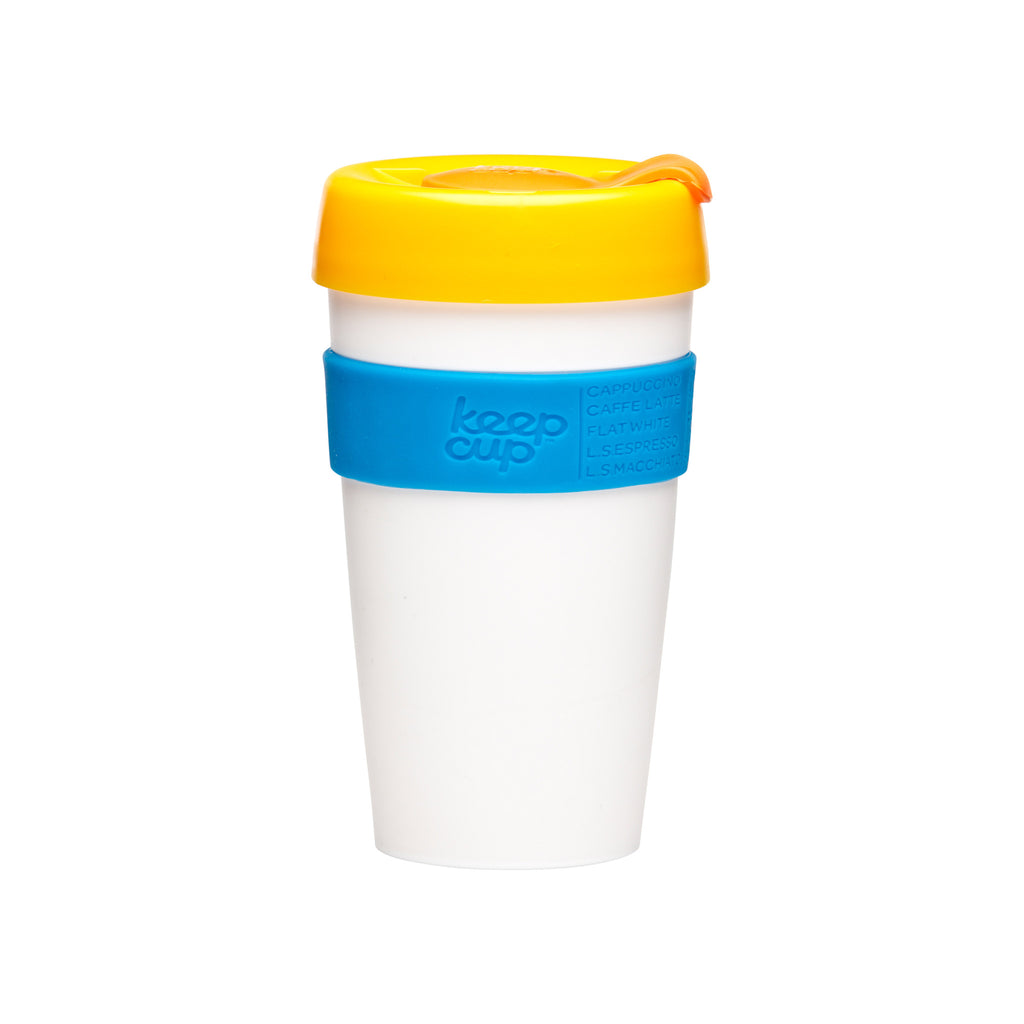 Tall KeepCup Classic white, blue and yellow - 16 oz