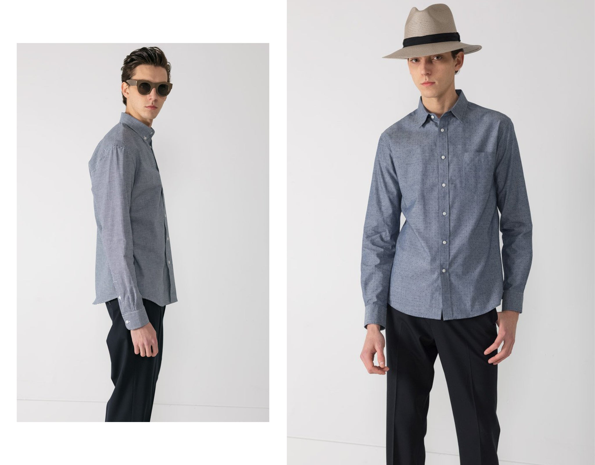 National Standards slim fitting long sleeve shirts on male model wearing glasses beside same in grey fedora