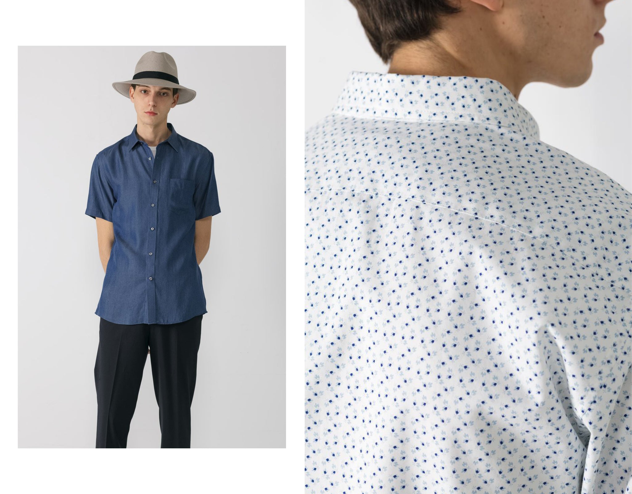 Tencel short sleeve Blue on model in straw hat. feat beside back detail of Mini Floral print shirt