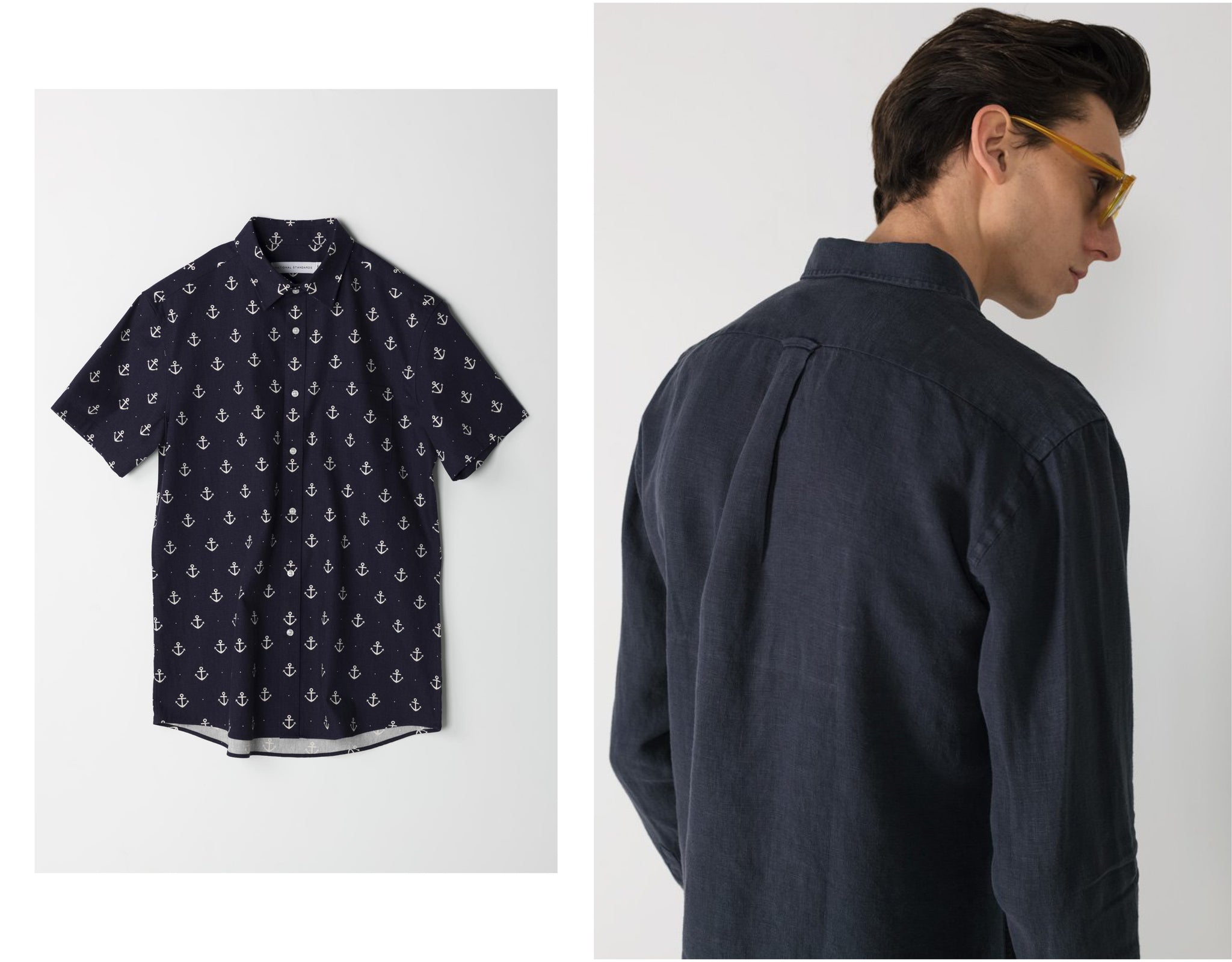 Flat lay of N.S short sleeve dot shirt in Navy feat beside Back detail of N.S Linen in Midnight Blue 