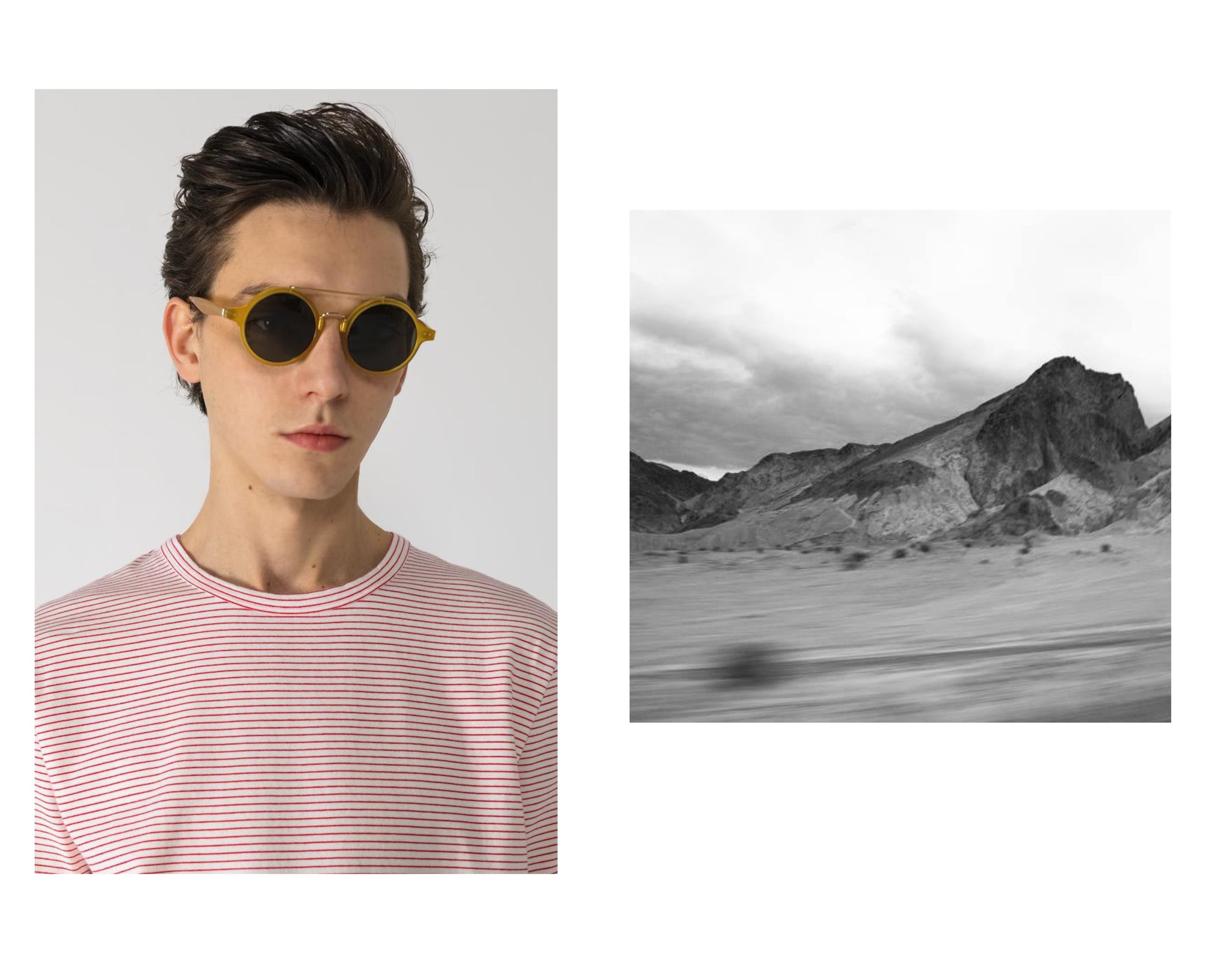 Upper of model wearing designer glasses and N.S horizontal pinstripe in red and white. feat beside black and white desert image (mountain range and sweaping wind storm