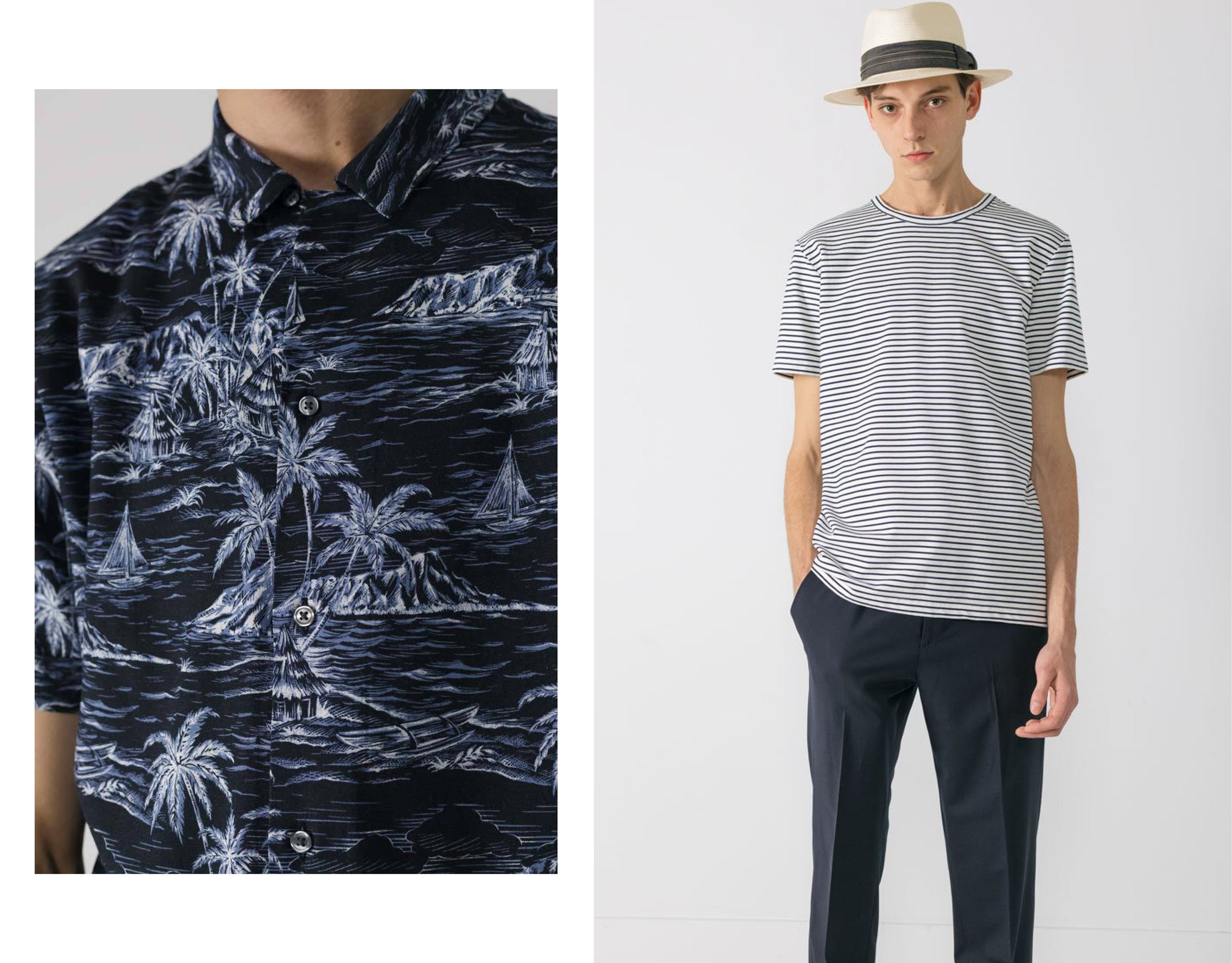 Closeup on National Standards 'South Sea Print' Camp shirt in Navy. feat beside thin male model in pinstripe tee, dress slacks and white straw fedora