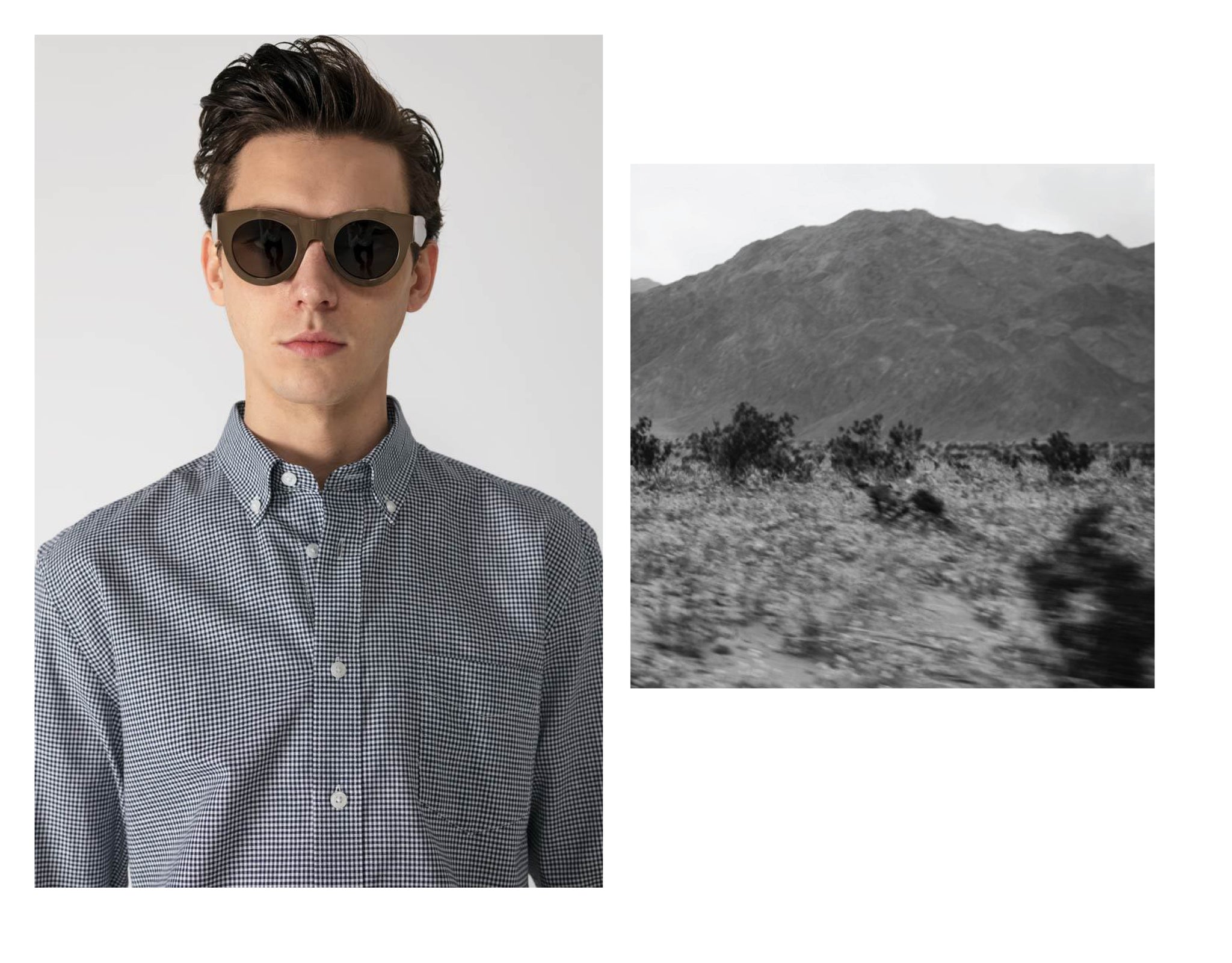 National Standards Mini Gingham shirt on model wearing designer glasses featured beside black and white desert image