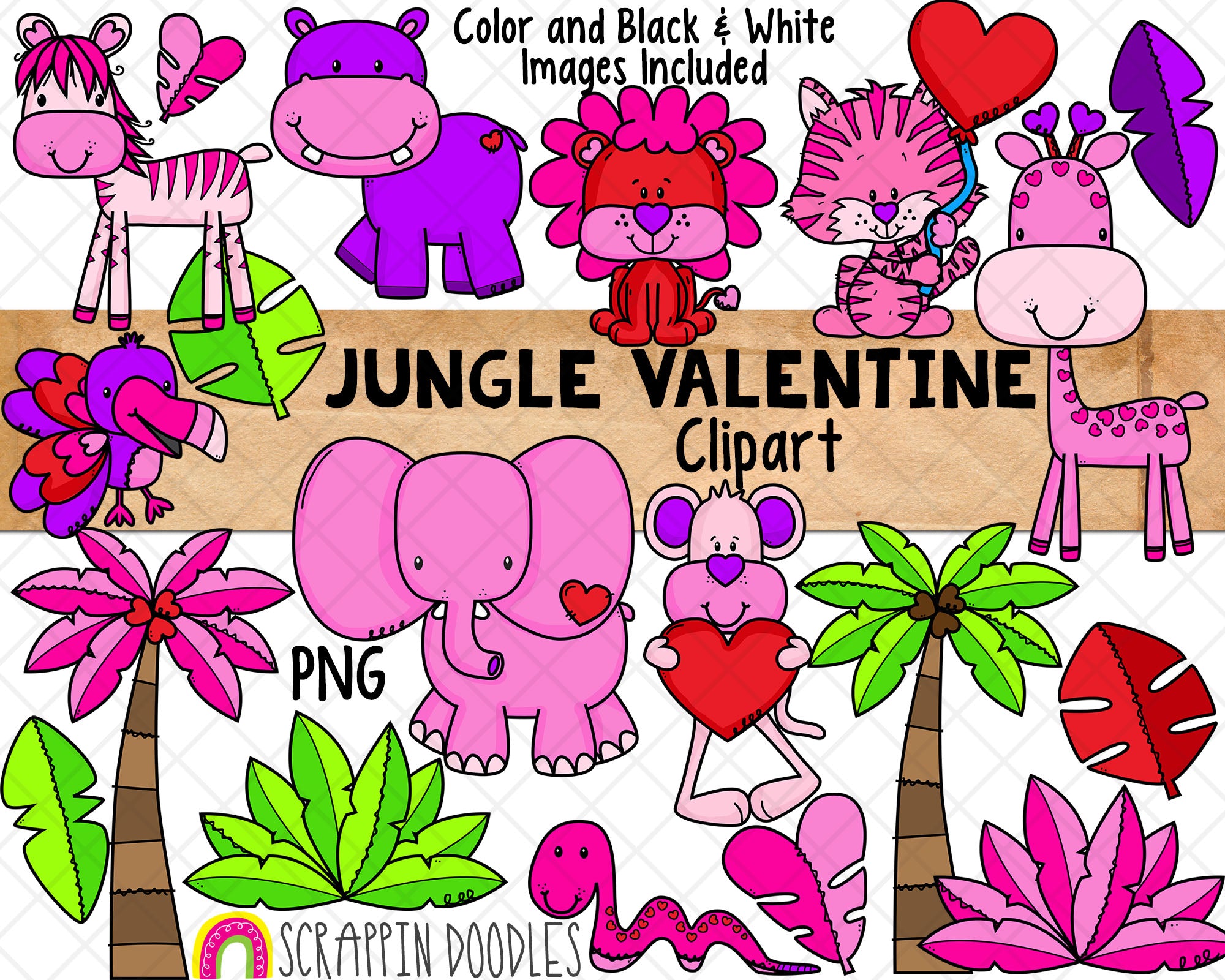 Jungle Animal ClipArt - Valentine Jungle Animals - Pink Jungle - Comme –  Scrappin Doodles