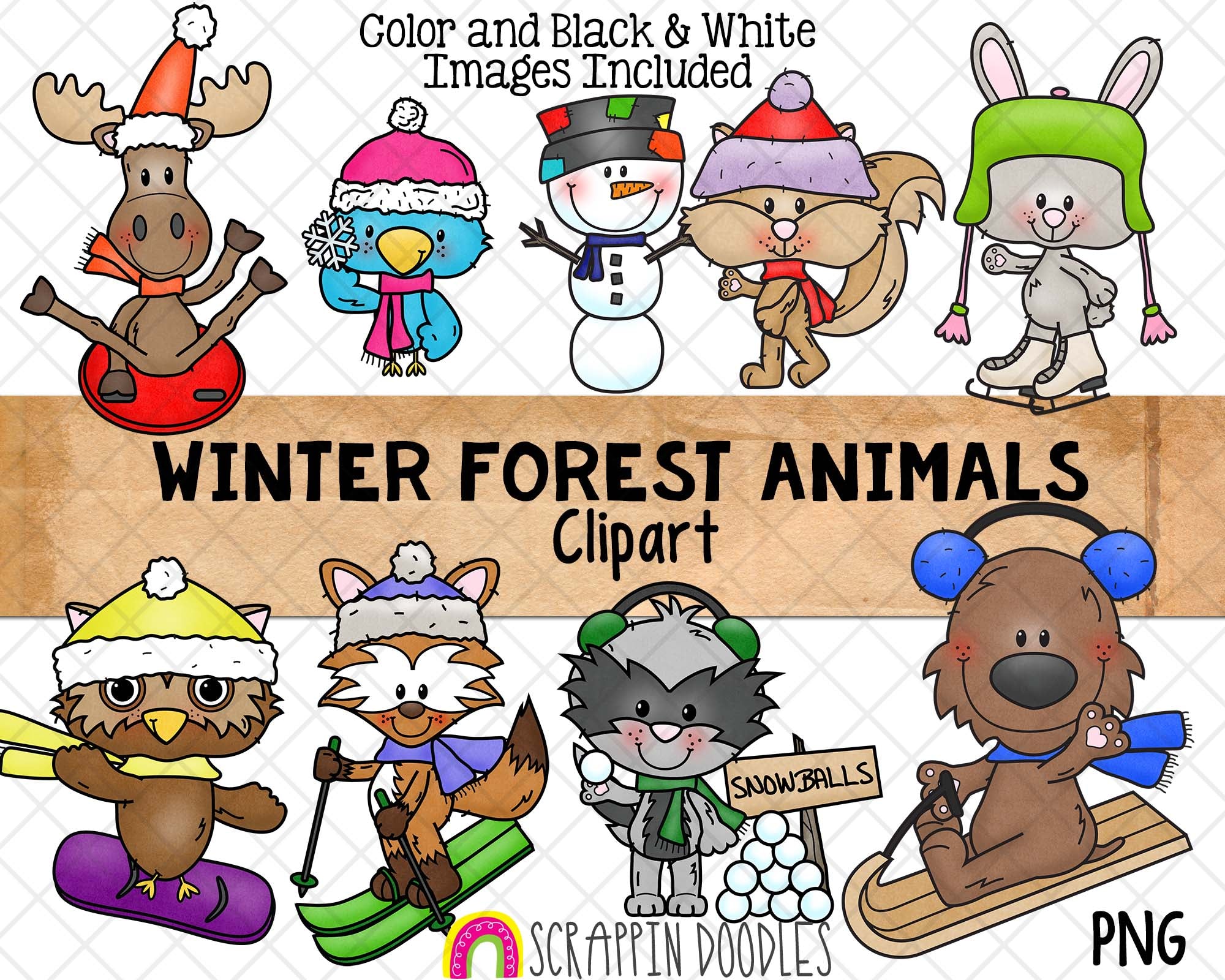 Winter Forest Animals ClipArt - Woodland Brown Bear - Moose - Raccoon –  Scrappin Doodles