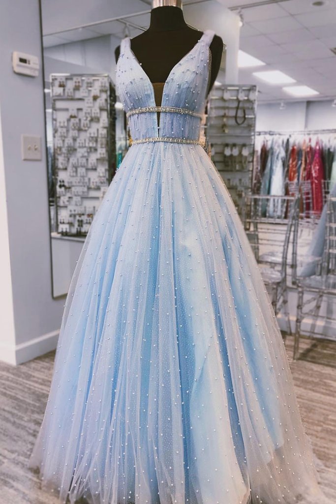 light blue beaded prom dress