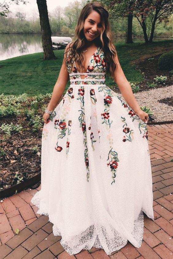 White floral prom dress,long Prom Dress 