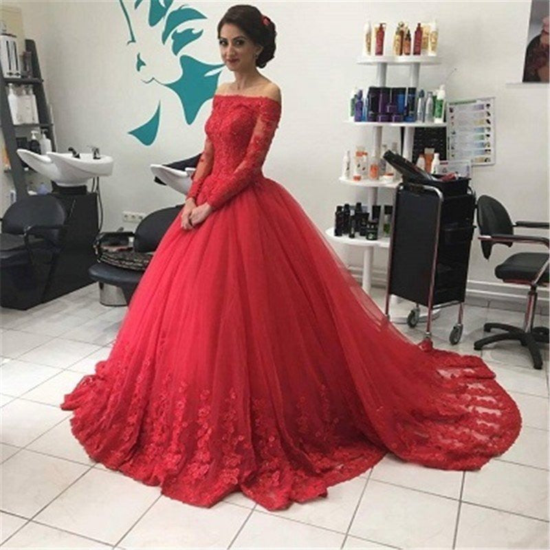 long sleeve off the shoulder ball gown