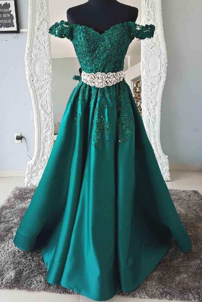 emerald green off the shoulder gown
