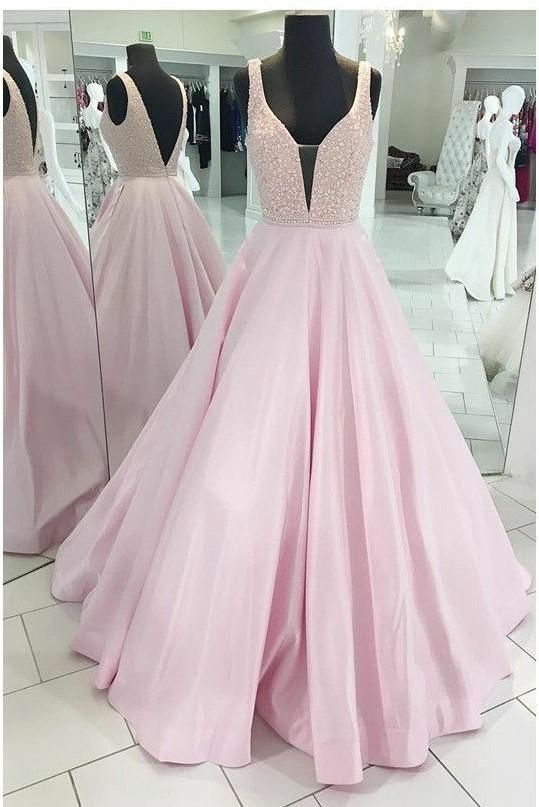 light pink beaded prom dress