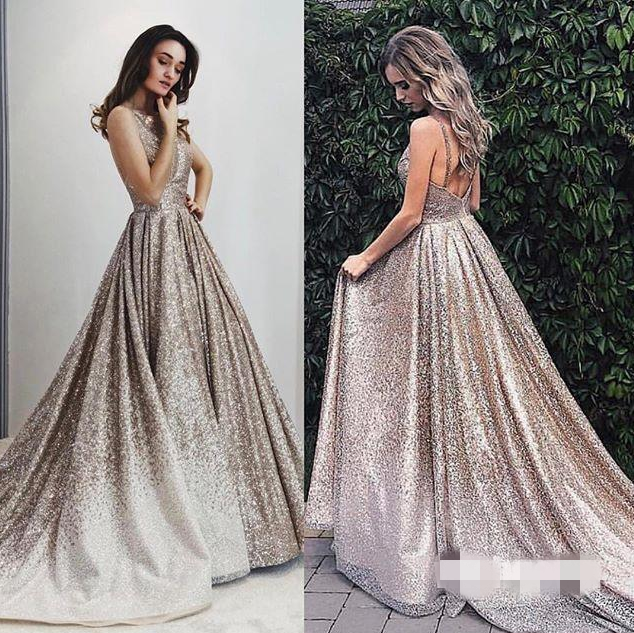 champagne glitter prom dress