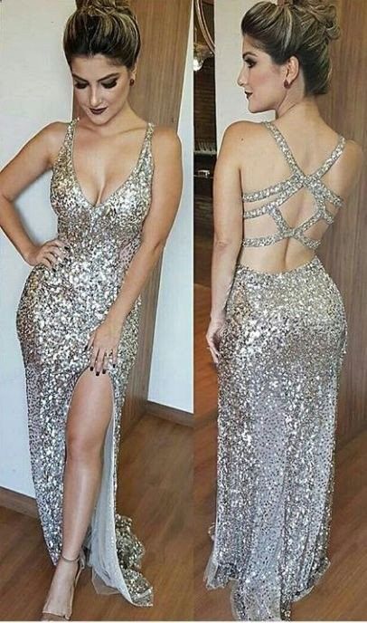 silver beaded prom dress