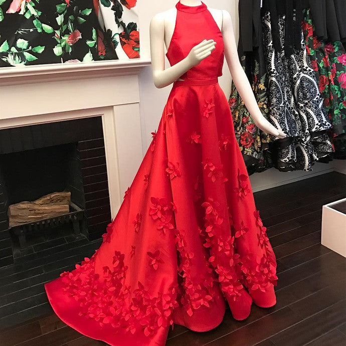 red halter prom dress