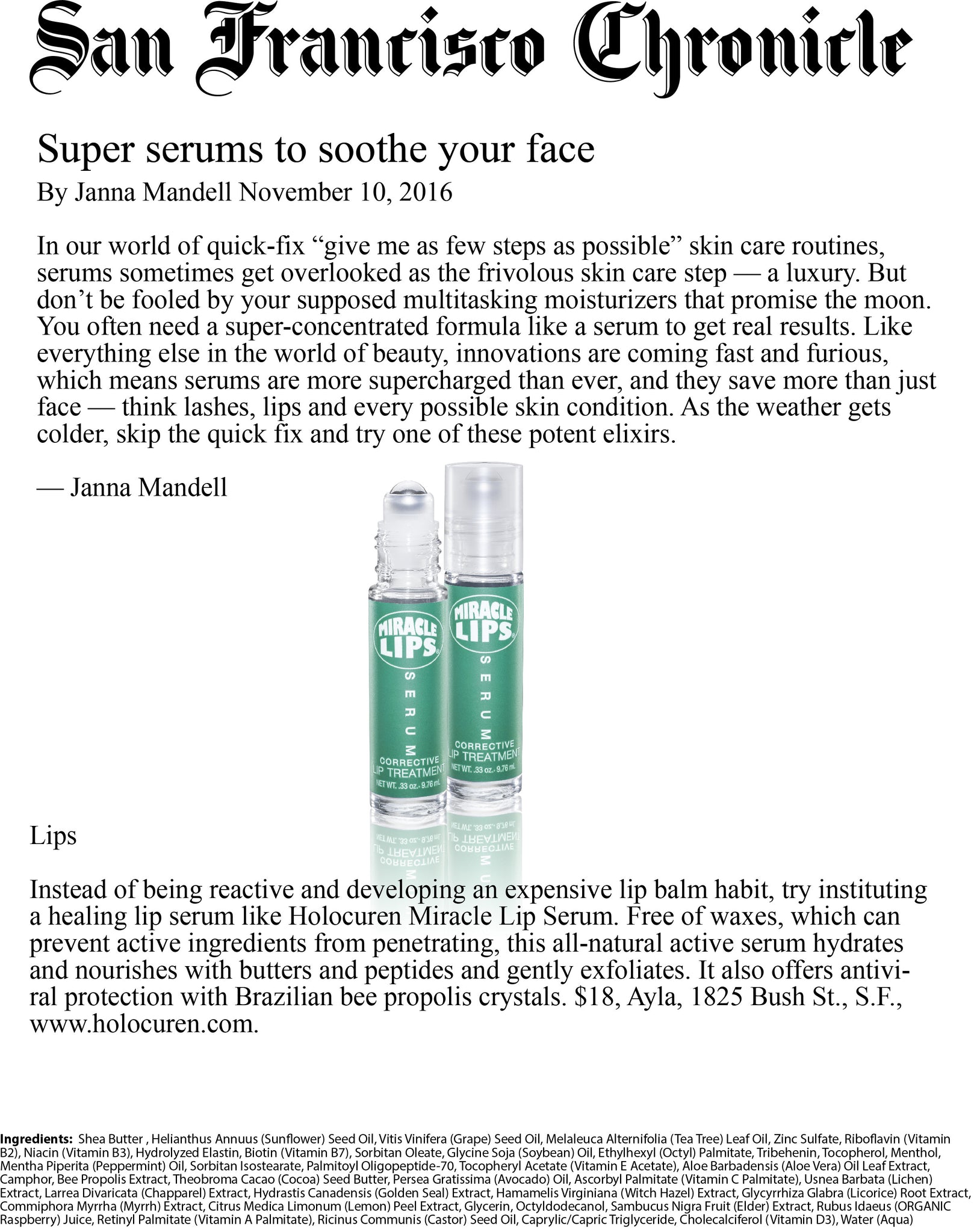 San Francisco Chronicle Miracle Lips Review 11/2016