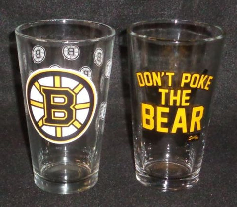 NHL Boston Bruins Pint Glass Set Dont Poke the Bear Beer Bar 2 Pieces FREESHIP