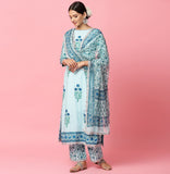 Hand Block Blue Modal Rayon Kurta Palazzo and Dupatta Set