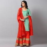 Printed Peach Turquoise Modal Rayon Kurta Ghagara Set