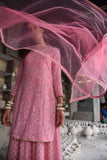 Hand Block Pink Cotton Kurta Skirt and Dupatta Set
