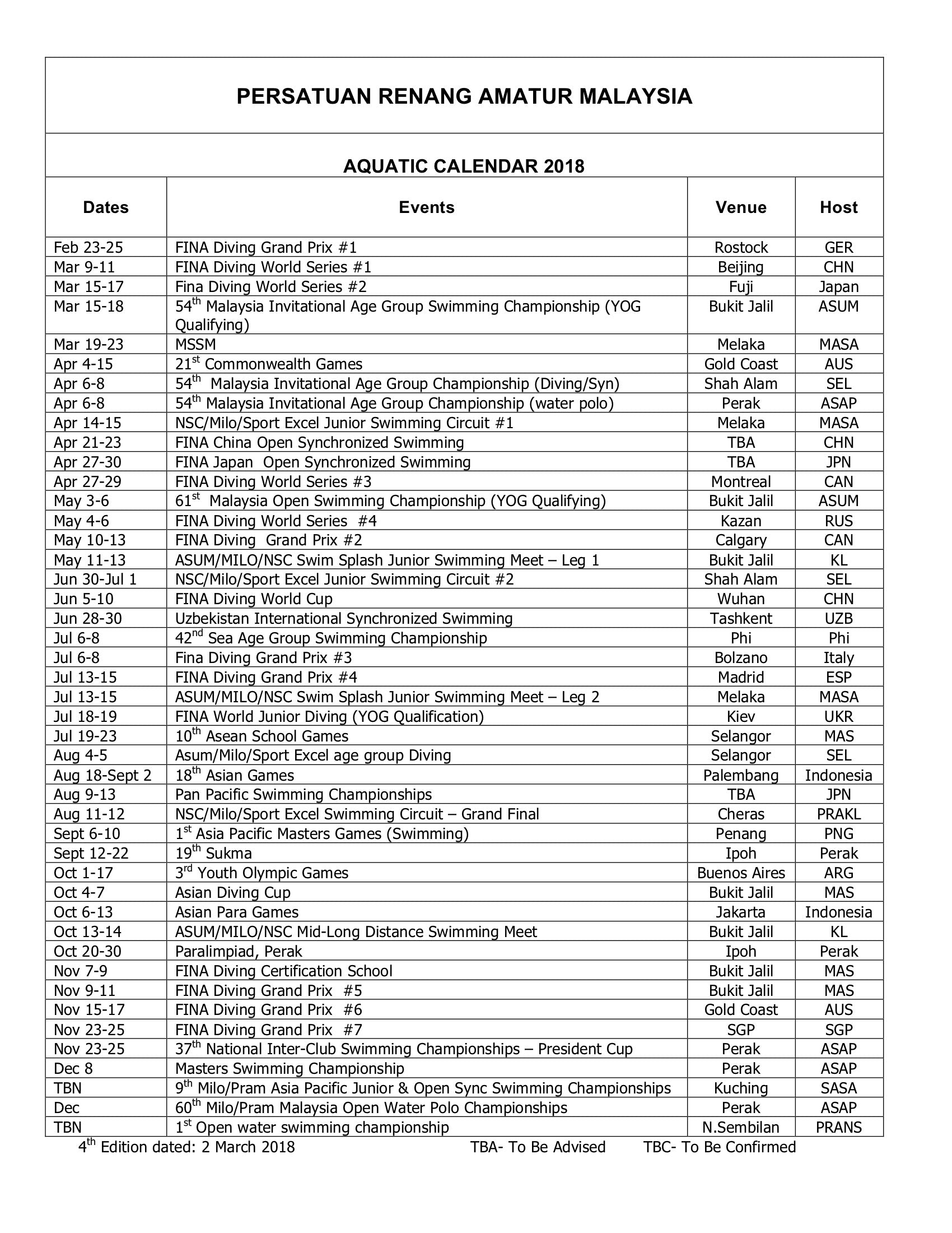 ASUM Aquatic Calendar 2018