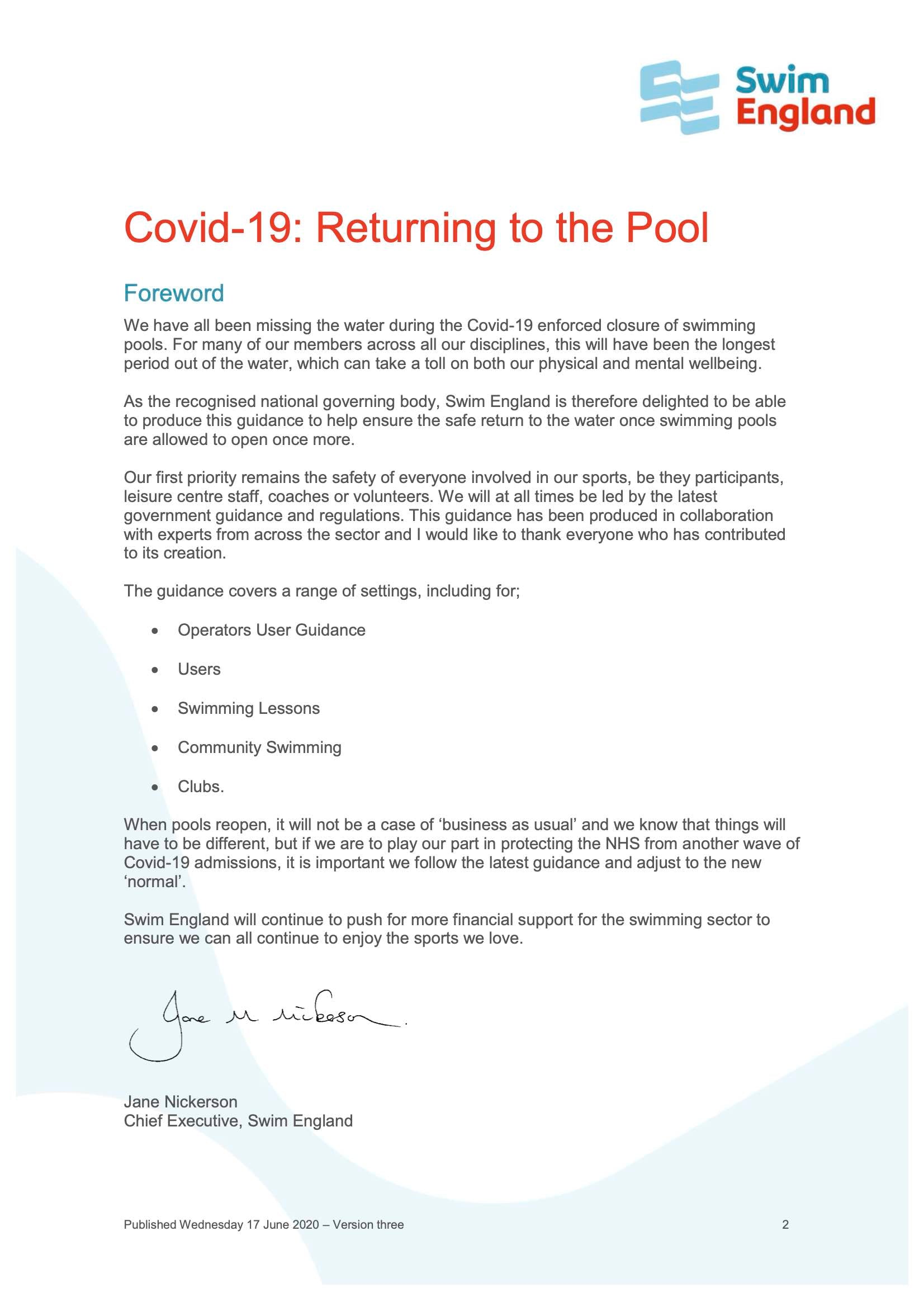 Swim England Covid-19 Returning to the Pool