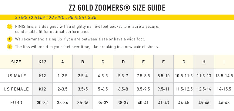 Z2 Zoomers Gold Size Chart