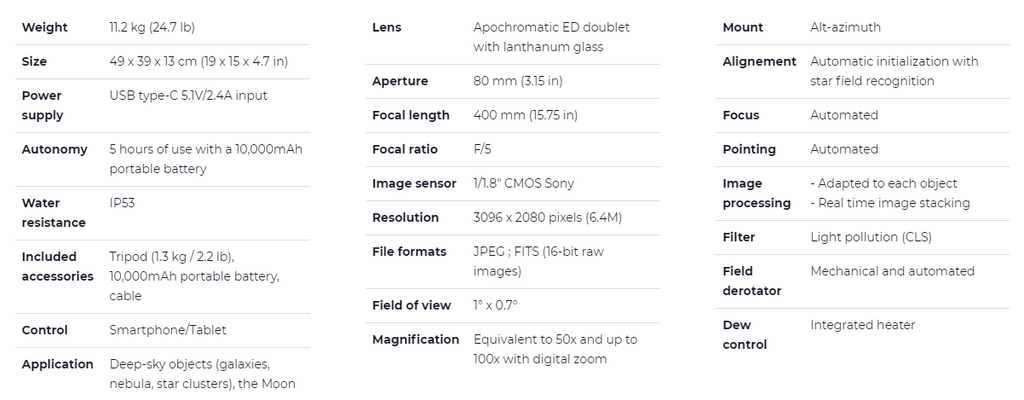 STELLINA Smart Telescope Review - 5 - technical specs