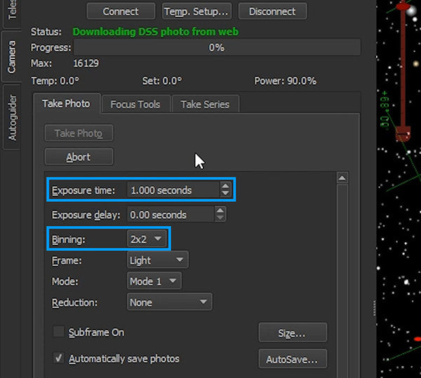 theskyx-camera settings exposure time binning