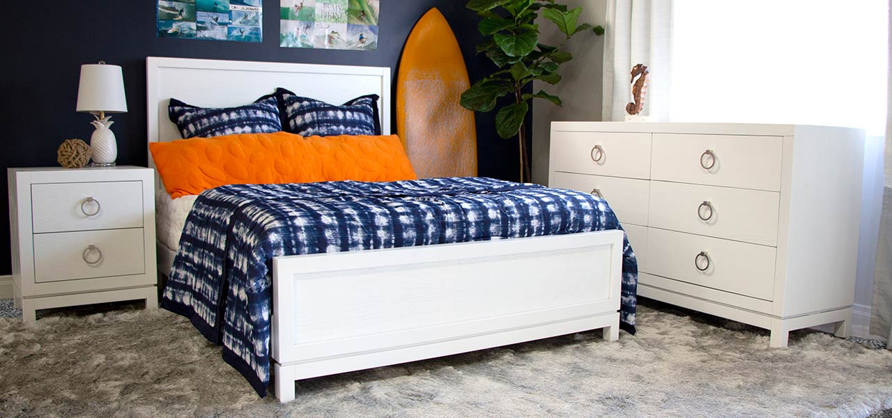 White and blue modern surf inspired bedroom