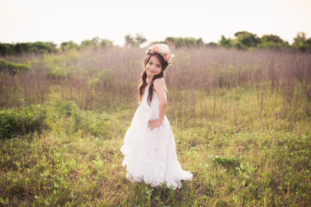 bohemian white rustic flower girl junior bridesmaid high low maxi dress