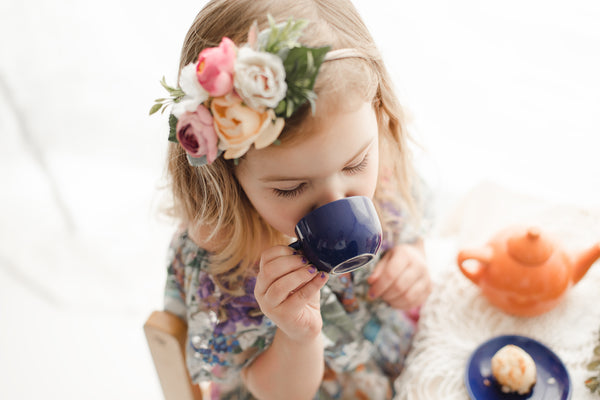 kids tea party photoshoot idea and vintage lace maxi dress - Belle & Kai