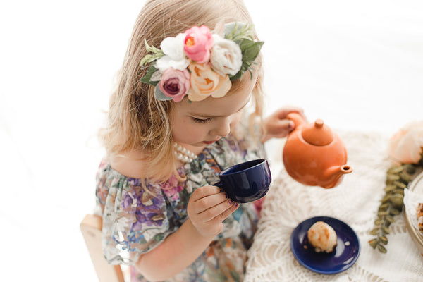 kids vintage tea party backlighting photoshoot idea - Belle & Kai