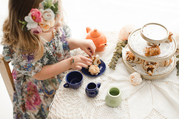 vintage tea party photoshoot idea and boho lace maxi dress - Belle & Kai