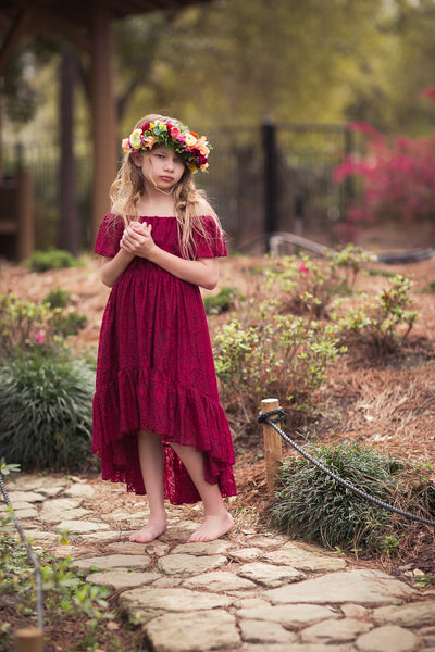 burgundy lace bohemian high low flower girl dress